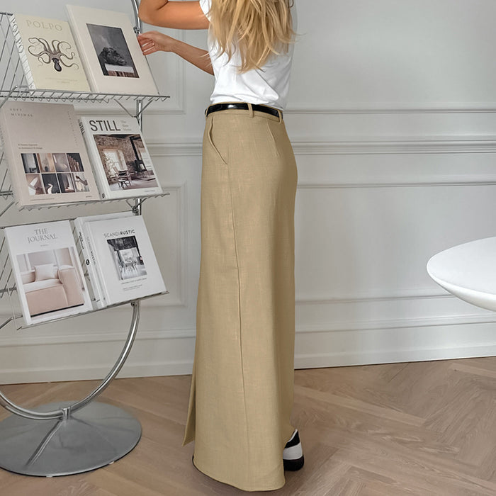 British Office Cotton Linen Straight High Waist Slit Skirt Autumn Arrival Long Skirt No Belt-Fancey Boutique