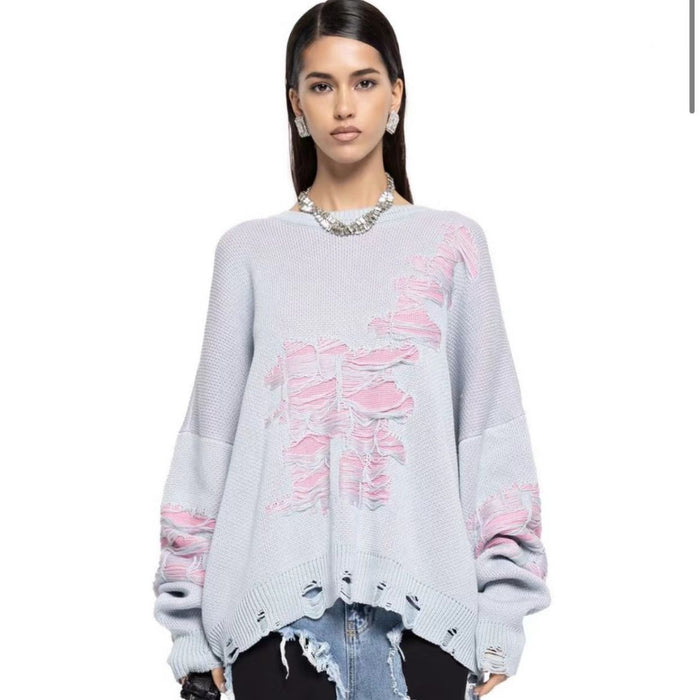 Street Loose Sweater Women Casual Loose Idle Sense Color Matching Ripped Long Sleeves Top Women Autumn Winter-Fancey Boutique