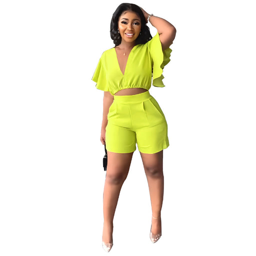 Color-Fluorescein-Ruffled Short V neck Top Casual Shorts Summer Two Piece Set-Fancey Boutique