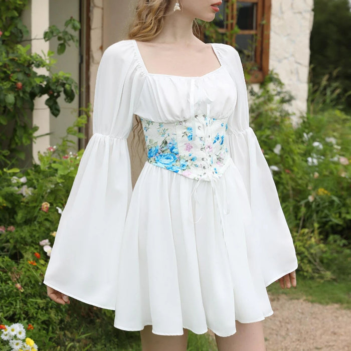 Sweet Lace Waist Dress Sexy Gentle off Neck Drawstring Irregular Asymmetric Dress-Solid white-Fancey Boutique