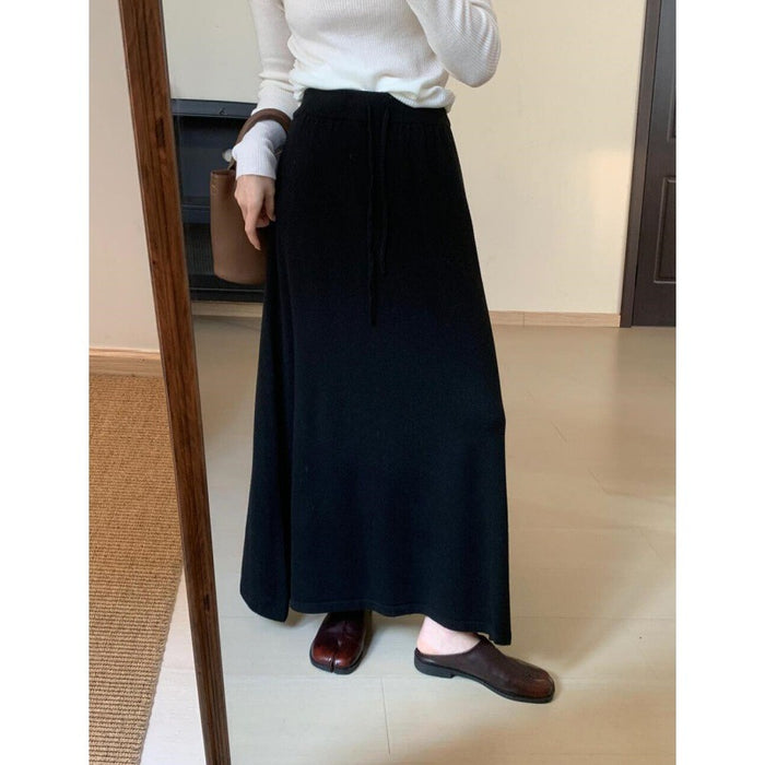 Autumn Warm Comfortable All Matching Knitted Overskirt Korean Waist Slimming Mid Length Dress Women-Black-Fancey Boutique