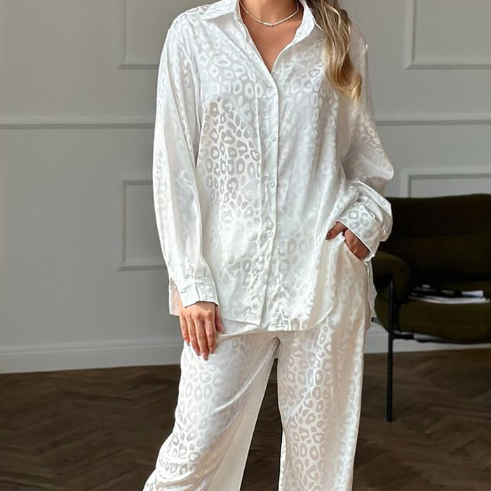 Leopard Print Satin French Long Sleeve Cardigan Shirt Trousers Loose Two Piece Set Pajamas Women-White-Fancey Boutique