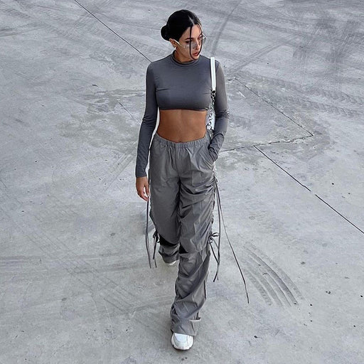 Color-Gray-Street Drawstring Ripped Overalls Trend Women Casual Loose Fitting Wide Leg Trousers Women-Fancey Boutique