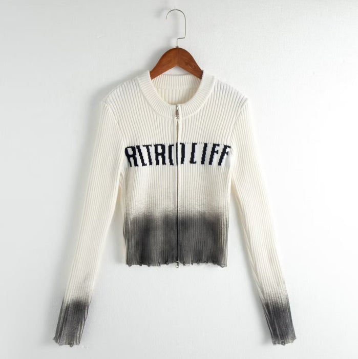 Color-White-Autumn round Neck Letter Graphic Slim Fit Short Long Sleeve Zipper Women Knitwear Top-Fancey Boutique