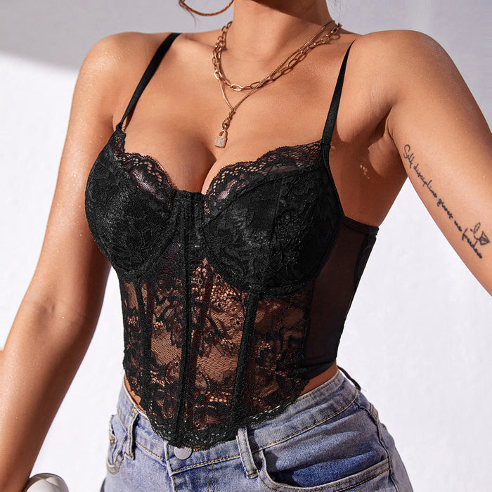 Color-Black-Sexy Lace Steel Ring Diamond Boning Corset Cropped See through Sexy Decoration Vest for Women-Fancey Boutique