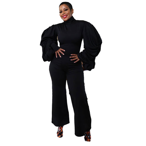 Sexy Sheath Pleated Lantern Sleeve Waist Wide Leg Jumpsuit-Black-Fancey Boutique