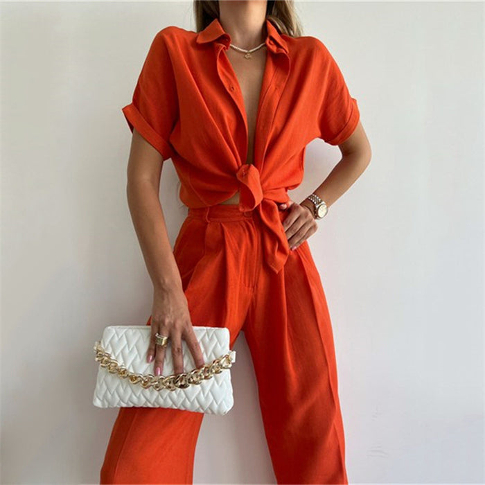 Color-Wide Leg Pants Suit Spring Summer Loose Sleeve Shirt Top Casual Trousers Two Piece Women Clothing-Fancey Boutique