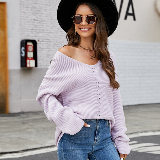 Color-Light Purple Pullover-Women Clothing V Neck Casual Pullover Women Loose Long Sleeve Sweater-Fancey Boutique