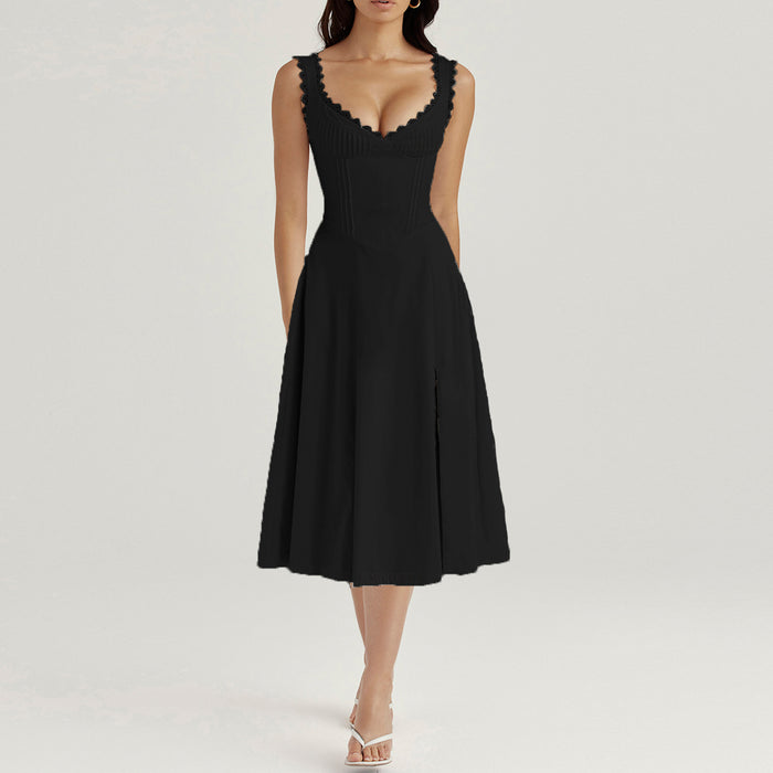 Strap Dress Women Summer Elegant Lace V neck Fitted Waist Backless Lace up Midi Dress-Black-Fancey Boutique