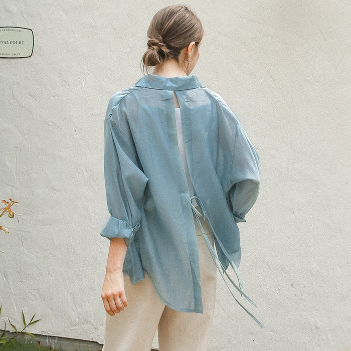 Back Lace Up Tencel Sun Protection Shirt Summer Lazy Wind Micro Transparent Long Sleeve Loose Cardigan Top-Fancey Boutique