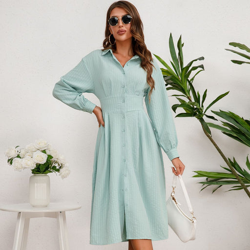 Color-Autumn Waist Trimming Shirt Dress Elegant Micro Elastic Long Sleeve Drape Cotton A line Dress-Fancey Boutique