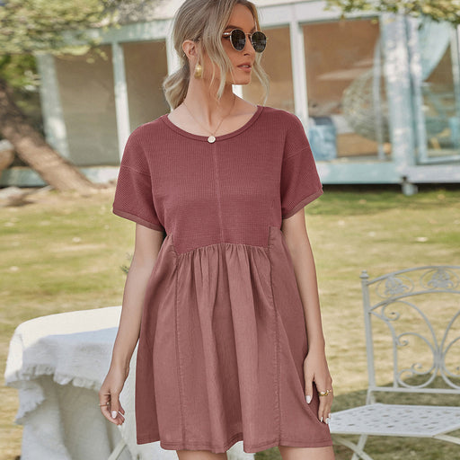 Color-Red-Summer Solid Color Waffle Stitching Short Sleeve A Line Top Casual Simple Loose Dress Women-Fancey Boutique