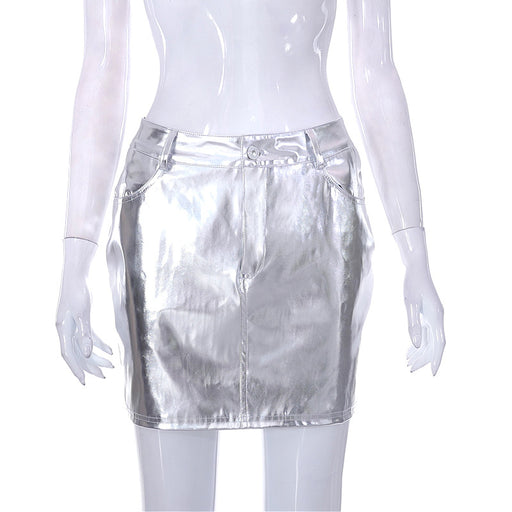 Color-Silver-Metallic Coated Fabric Street Faux Leather Splicing Skirt Summer Trendy High Waist Skirt-Fancey Boutique