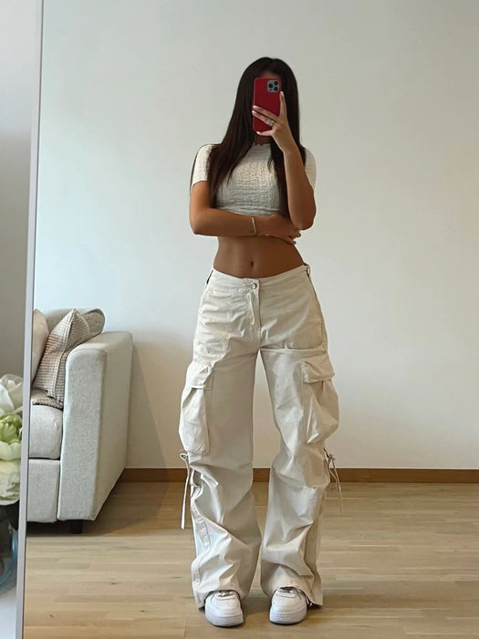 Color-White-Women Clothing High Waist Multi Pocket Stitching Ribbon Loose Straight Trend Tooling Solid Color Woven Trouser-Fancey Boutique