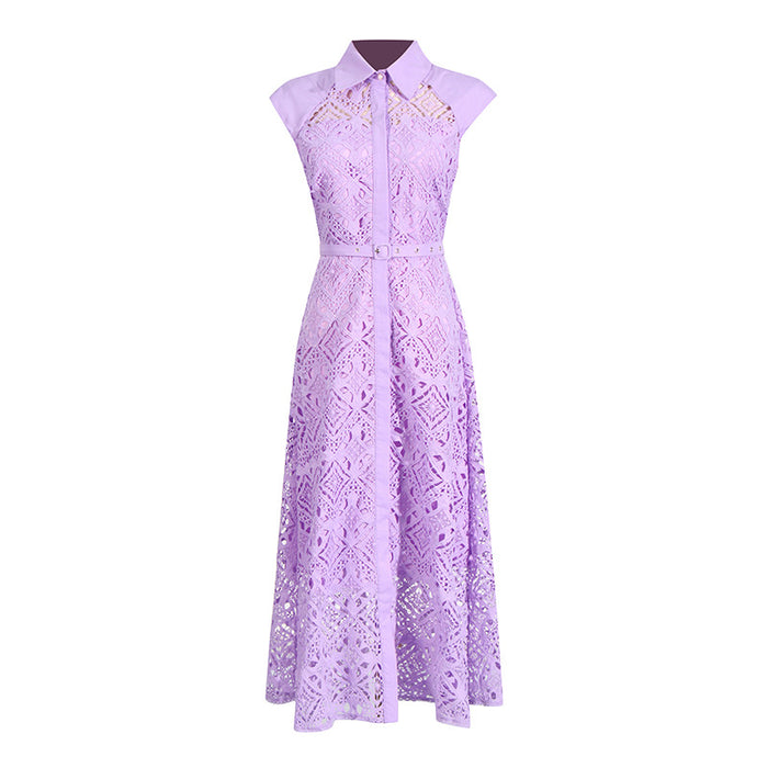 Bohemian Simple Summer Polo Collar Heavy Industry Waist Tight Embroidery Hollow Out Cutout Out Long Women Dress-Purple-Fancey Boutique