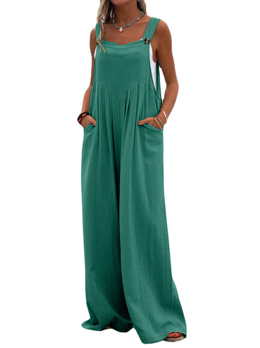 Color-Ocean green-Women Clothing Summer Jumpsuit Ethnic Solid Color Wide Leg Jumpsuit-Fancey Boutique