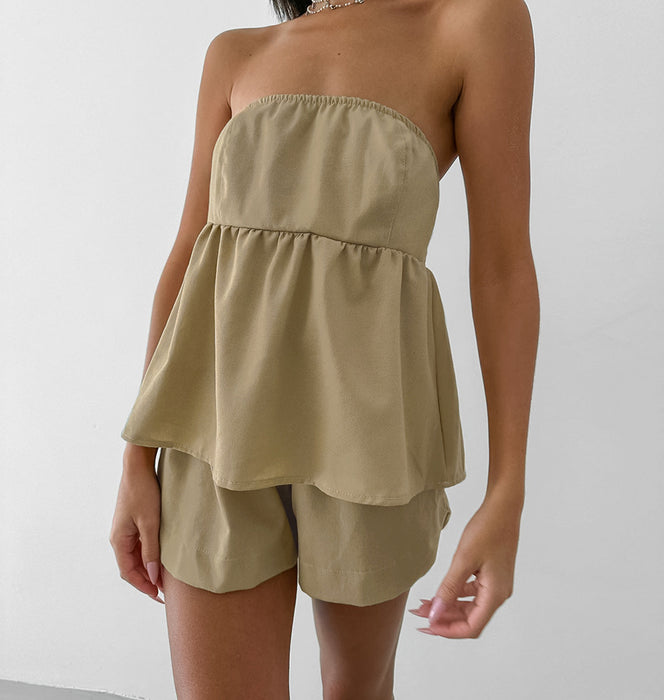 Sexy Khaki Tube Top High Waist Wide Leg Pants Shorts Suit Summer Popular All Match Casual Wear-Khaki-Fancey Boutique