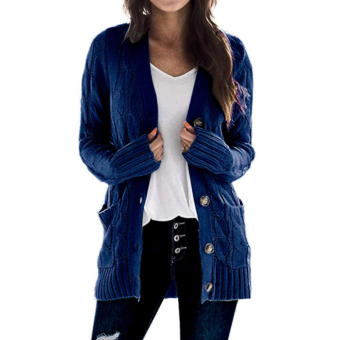 Color-Navy Blue-Autumn Winter Casual V neck Single Breasted Long Sleeve Knitwear Coat Cardigan Sweater for Women-Fancey Boutique