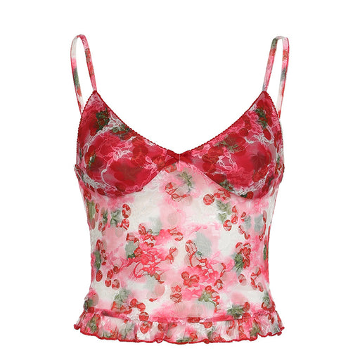 Sweet Spicy Sexy V neck Cherry Print Blooming Mesh Camisole Girl Dopamine Low Cut Cinched Lace Vest-Tank Top-Red-Fancey Boutique