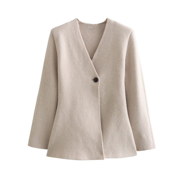 Women Clothing French V neck Knitted Jackets-Ivory-Fancey Boutique