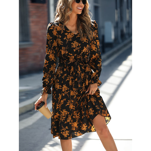 Women Spring Sexy Waist Tight Floral Long Sleeve Dress-Black-Fancey Boutique