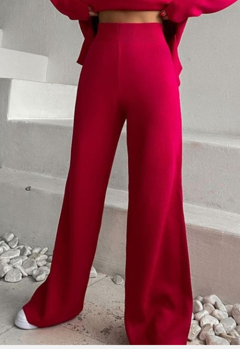 Color-Red Pants-Autumn Winter Long Sleeve Loose Casual Sweater Knitted Top Trousers Set-Fancey Boutique