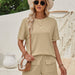 Color-Khaki-Summer Women Clothing Casual Loose round Neck Solid Color Short Sleeve Top Shorts Set-Fancey Boutique