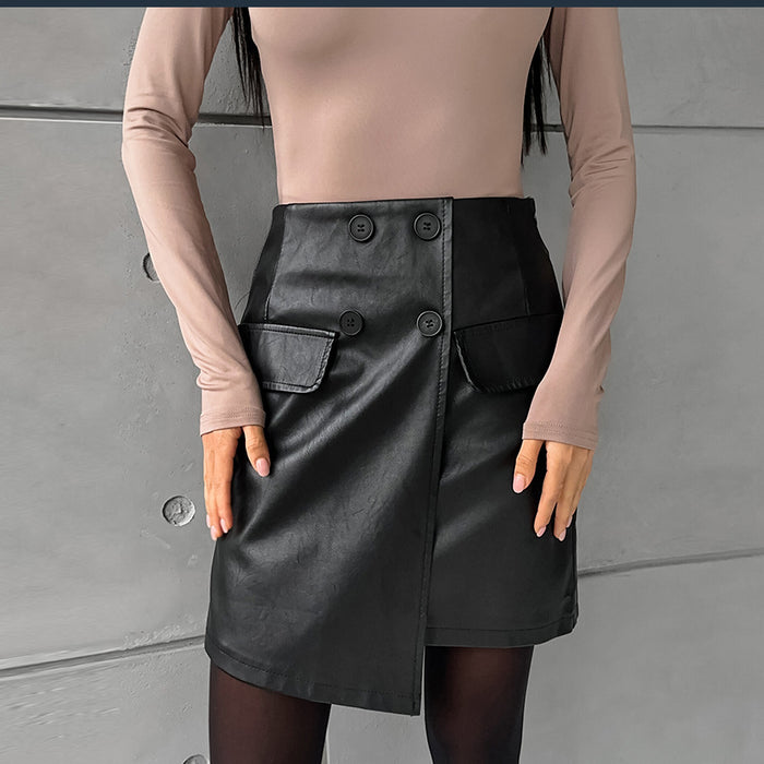 Sexy Slim Hip Fleece lined Artificial Leather A Swing High Waist Leather Skirt Autumn Skirt Women-Fancey Boutique