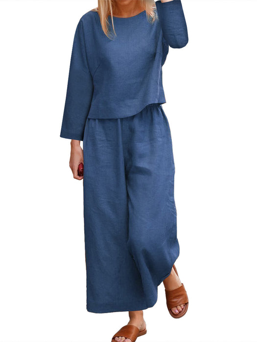 Color-Blue-Casual Loose Solid Color Shirt Long Sleeve Trousers Two Piece Set-Fancey Boutique