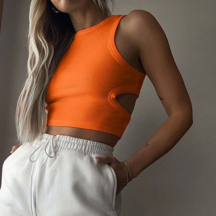 Color-Orange-Women Clothing Basic Vest Women Clothing Slim Short Hollow Out Cutout Vest for Women-Fancey Boutique