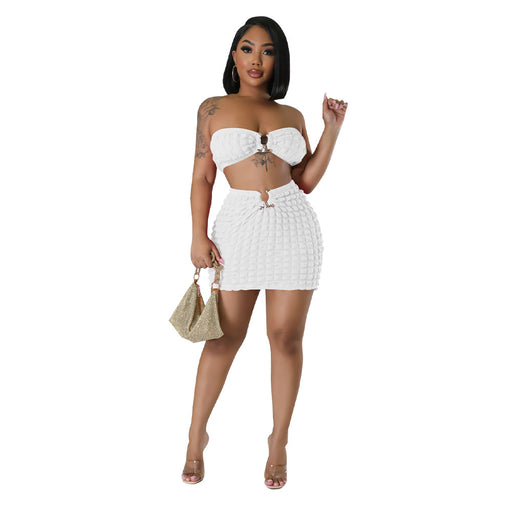 Color-White-Women Clothing Popcorn Sexy Cropped Wrapped Chest Short Skirt Bubble Two Piece Set-Fancey Boutique