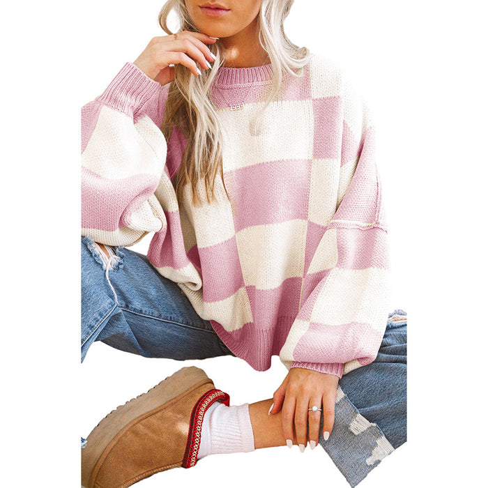 Color-Pink-Casual Plaid Printed Long-Sleeved Top Women Autumn Warm Pullover Crew Neck Sweater-Fancey Boutique