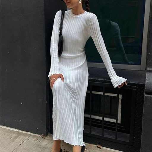 Long Sleeve Round Neck Tight Knitted Dress Autumn Sweater Dress Sunken Stripe Solid Color Base Dress-Fancey Boutique