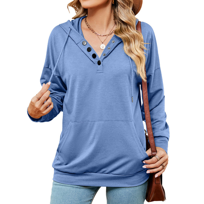 Color-Blue-Autumn Winter Solid Color Buttons Drawstring Pocket Loose Long Sleeve Sweatershirt Women-Fancey Boutique
