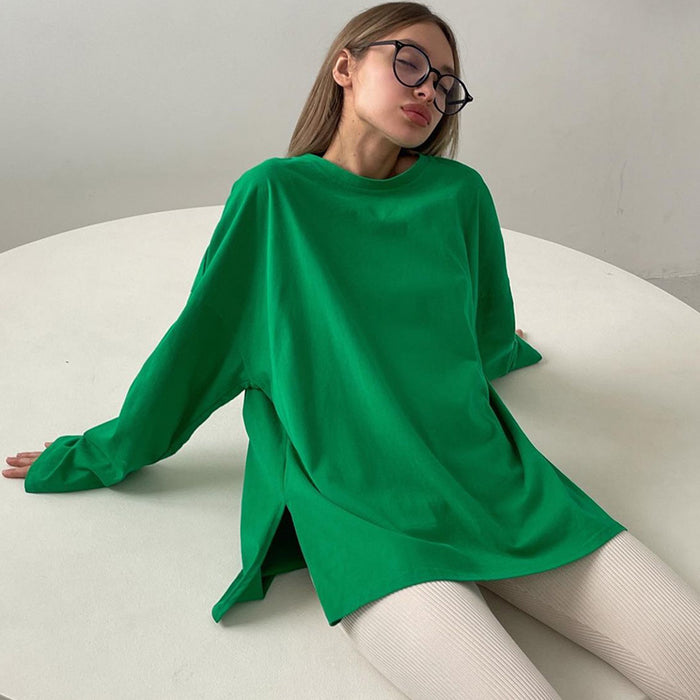 Loose Long Sleeve Split T shirt Women Solid Color Spring Summer Women Clothing Cotton Top-Green-Fancey Boutique