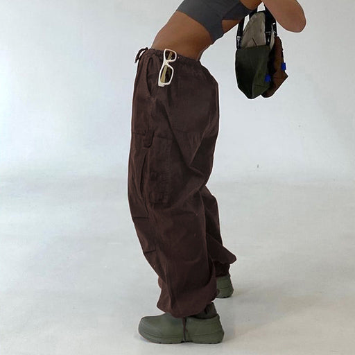 Color-Brown-Summer sexy Casual Asymmetric Pocket Drawstring Closed Woven Pants-Fancey Boutique