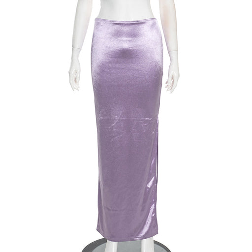 Women Summer Solid Color Personalized Bright Slit Slim Fitting Sheath Long Skirt-Purple-Fancey Boutique