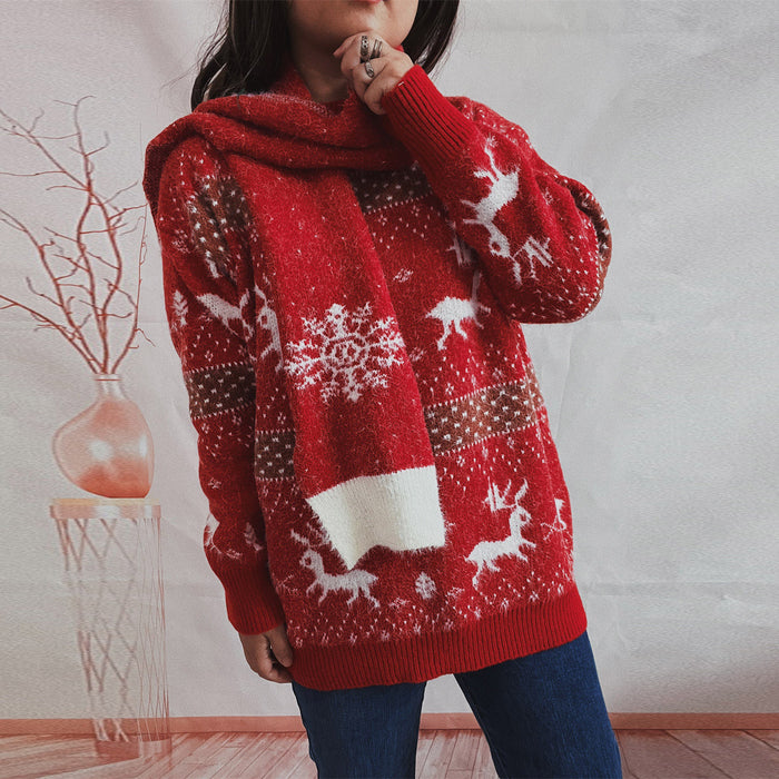 Color-Red Ribbon Scarf-Autumn Winter round Neck Long Sleeve Deer Snowflake Jacquard Christmas Sweater Scarf Two Piece Set-Fancey Boutique