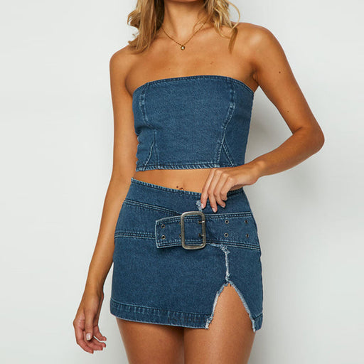 Color-Blue-Summer Denim Suit Denim Tank-Top Sexy Sexy Slit Skirt-Fancey Boutique