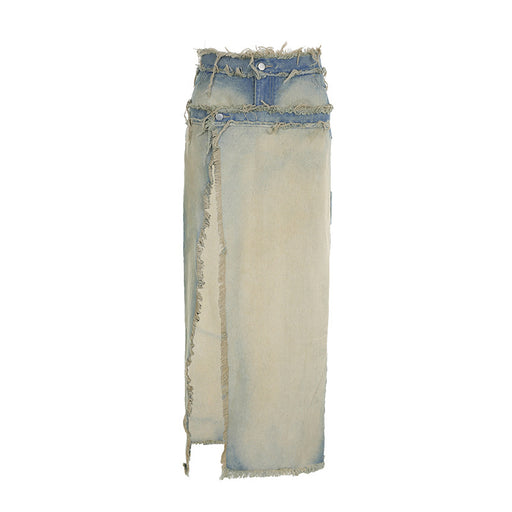 Niche Design Irregular Asymmetric Raw Hem Split Button Denim Skirt Vintage Washed Two Way Hip Skirt-Blue-Fancey Boutique