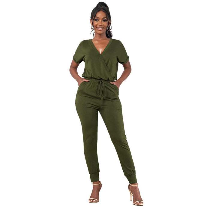 Color-Green-Solid Color Jumpsuit Women Summer New Casual Outdoor Breathable e Trousers Women-Fancey Boutique
