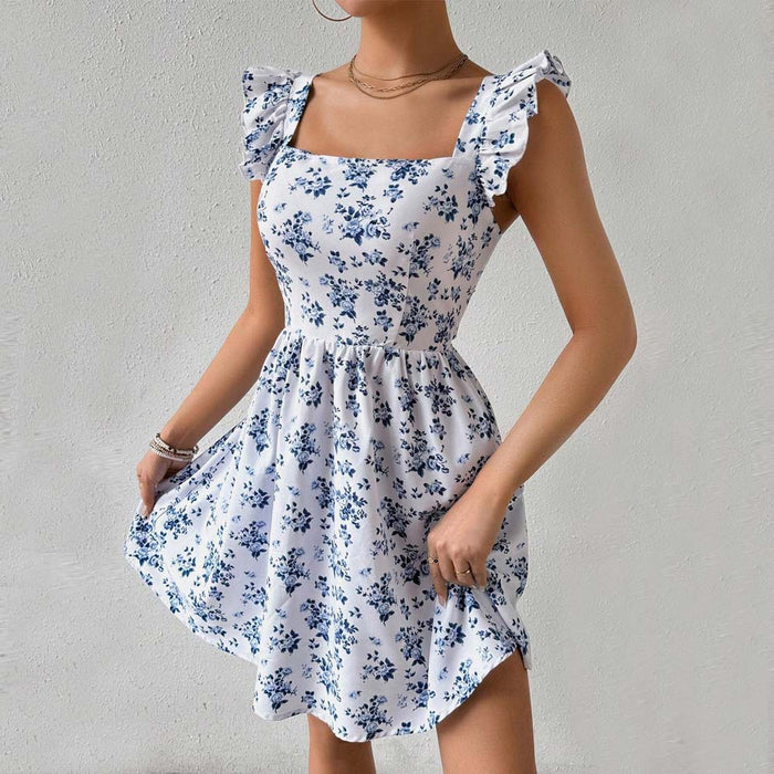 Spring Summer Sweet Slim Fit Design Bare Back Lace up Flying Sleeve Floral Dress-Fancey Boutique