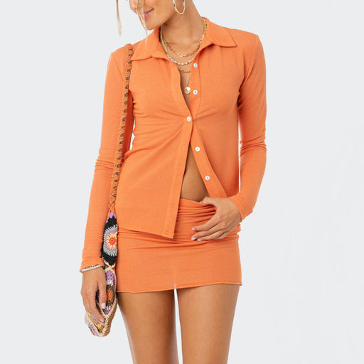 Color-Orange Suit-Spring Summer Casual Suit Women Solid Color Long-Sleeved Polo Collar Top Collared Single Breasted Hip Skirt-Fancey Boutique