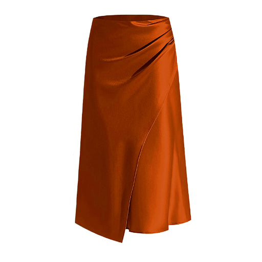 Color-Orange-Women Clothing High Waist Satin Heap Pleated Split Dress Solid Skirt Zipper Fishtail Hip Skirt-Fancey Boutique