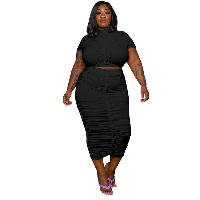 Color-Black-plus Size Summer Women Clothes Solid Color Round Neck Pullover Short Sleeve Two Piece Casual Pleated Skirt Set-Fancey Boutique