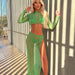 Women Clothing Summer Personalized Solid Color round Collar Gauze Hollow Out Cutout out See through Split Length Skirt Sets-Green-Fancey Boutique