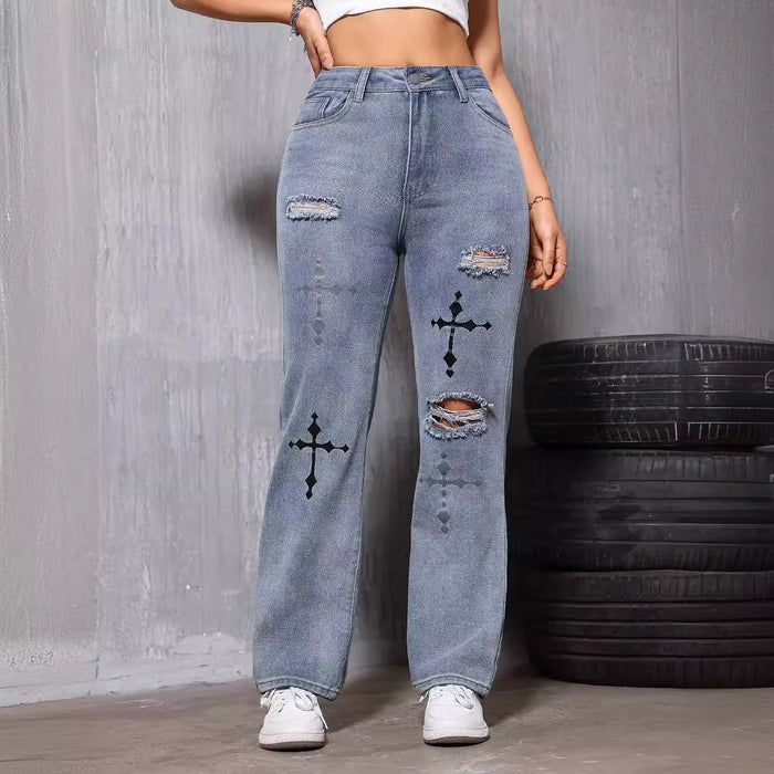 Retro Distressed Blue Straight Leg Denim Women Trousers Printed Ripped Street Fashionable Summer-Fancey Boutique