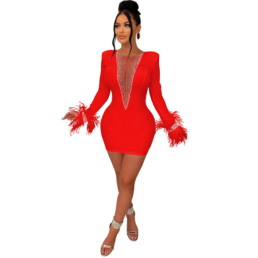 Color-Red-Women Wear Solid Color V Neck Mesh See Through Long Sleeve Tassel Dress Women-Fancey Boutique