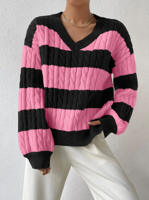 Autumn Winter Lazy Knitwear Loose Women V Neck Retro Contrast Color Striped Sweater-Coral Red-Fancey Boutique