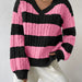 Autumn Winter Lazy Knitwear Loose Women V Neck Retro Contrast Color Striped Sweater-Coral Red-Fancey Boutique